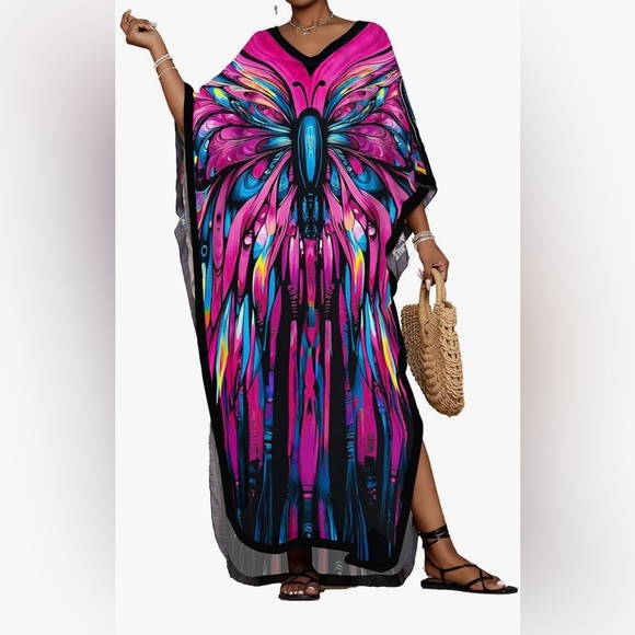 Hawaiian Butterfly Black, Pink, Blue Caftan & Maxi Dress | OS | NWT - Picture 2 of 9